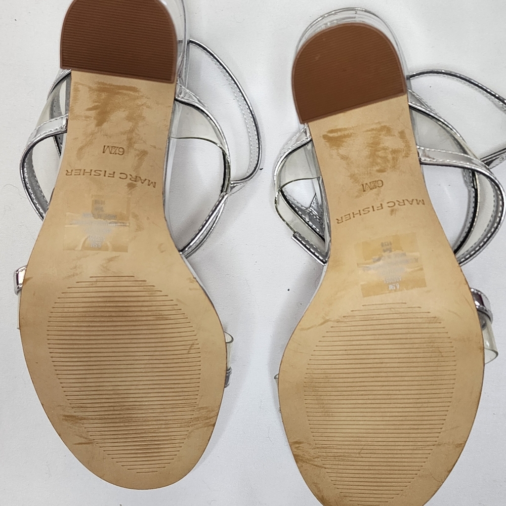 Marc Fisher Metallic Silver Acylic Sandals With Transparent Heel Size 6.5US - Picture 11 of 13